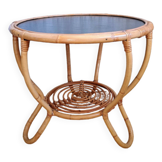 Round vintage rattan coffee table