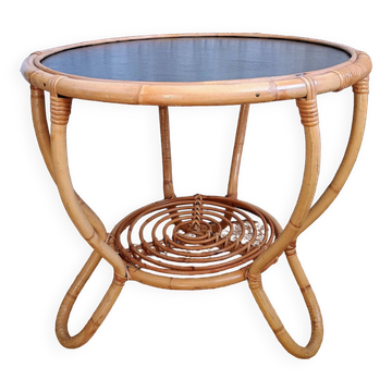 Round vintage rattan coffee table