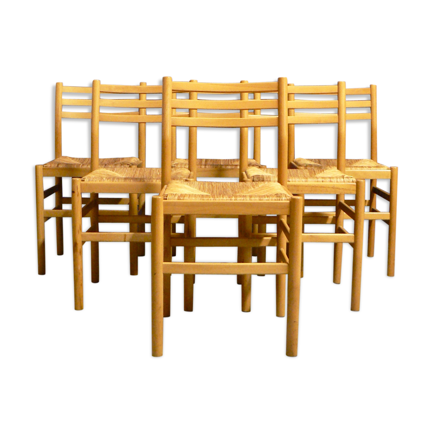 Suite of 6 beech and straw chairs by Pierre Gautier Delaye