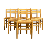 Suite of 6 beech and straw chairs by Pierre Gautier Delaye