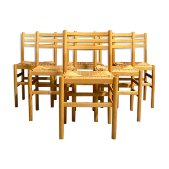 Suite of 6 beech and straw chairs by Pierre Gautier Delaye