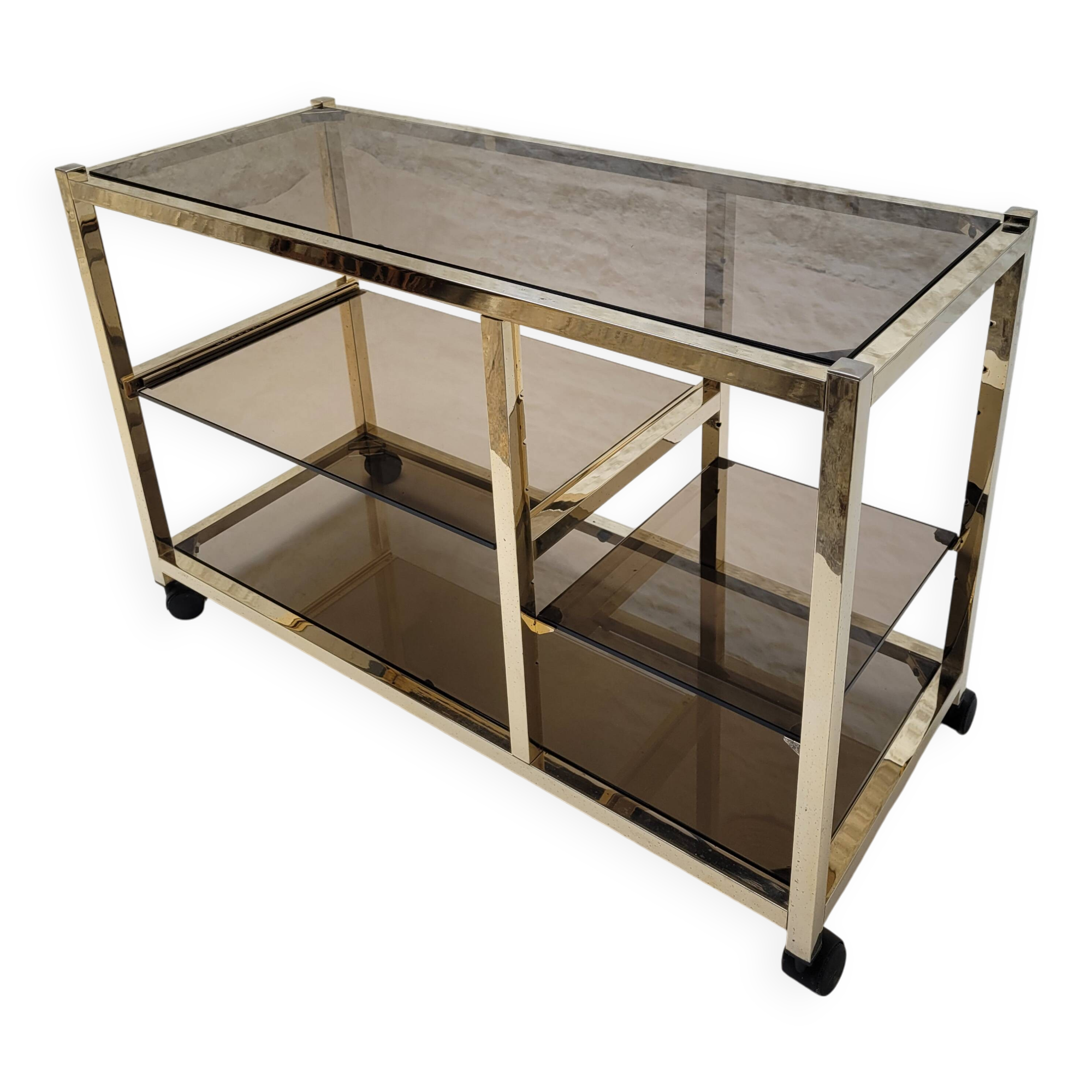 70s glass and gold metal TV stand coffee table