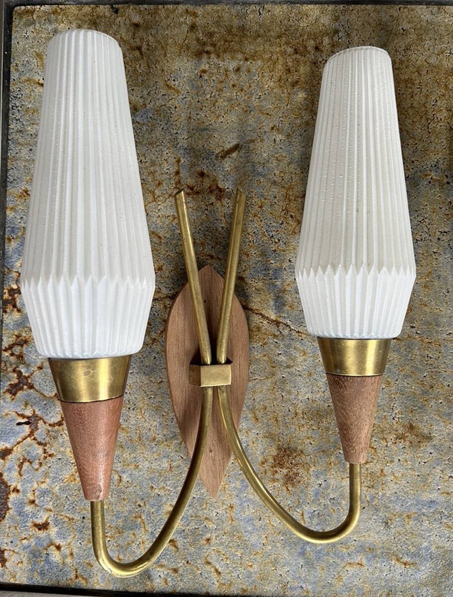 Pair of double wood, brass and opaline wall lights, Scandinavian spirit, vintage, 60s