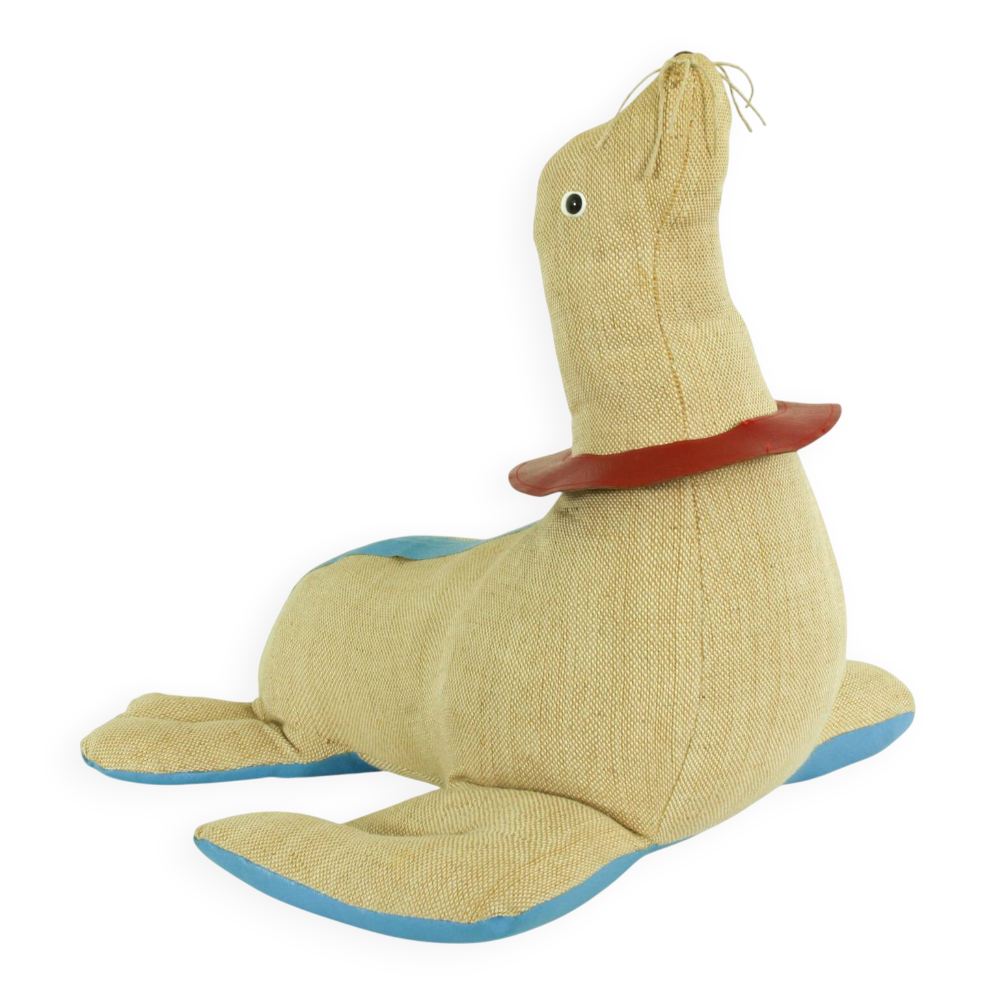 Grand jouet thérapeutique en jute et cuir en forme de phoque par Renate Müller, années 1960.