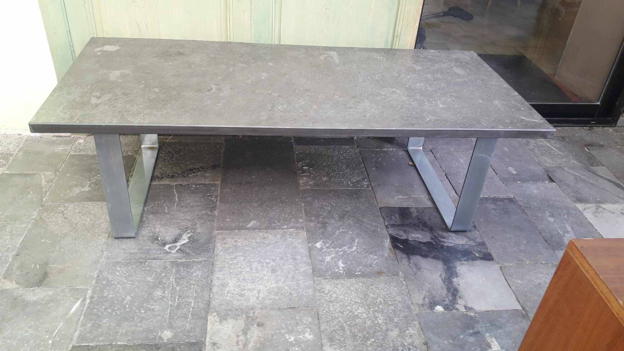 Brutalist coffee table chrome metal and slate Studio Draenert 1970 Germany