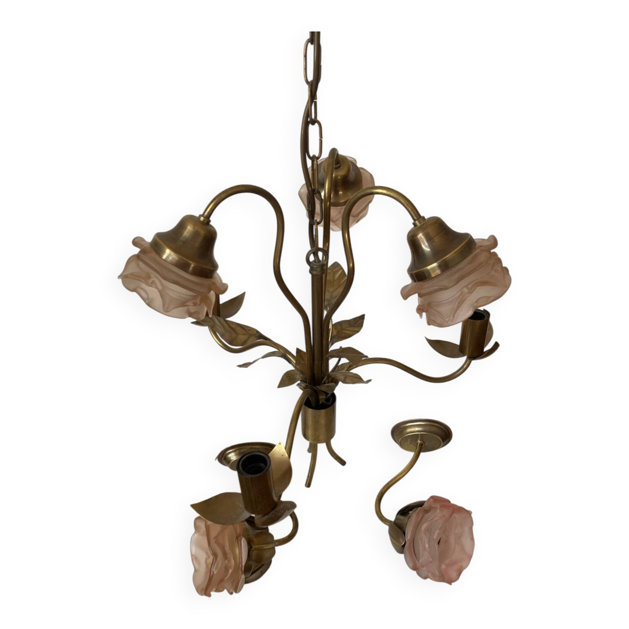 Set of chandelier and 2 wall lights in gold metal and glass roses