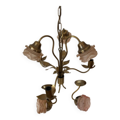 Set lustre et 2 appliques métal doré et roses en verre