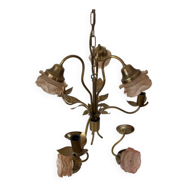 Set lustre et 2 appliques métal doré et roses en verre