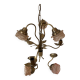 Set of chandelier and 2 wall lights in gold metal and glass roses