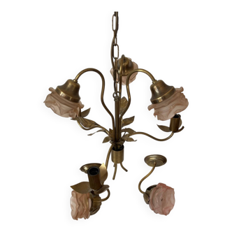 Set lustre et 2 appliques métal doré et roses en verre