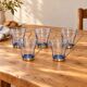 Set of 5 vintage blue-tinted glass cups with metal holders.