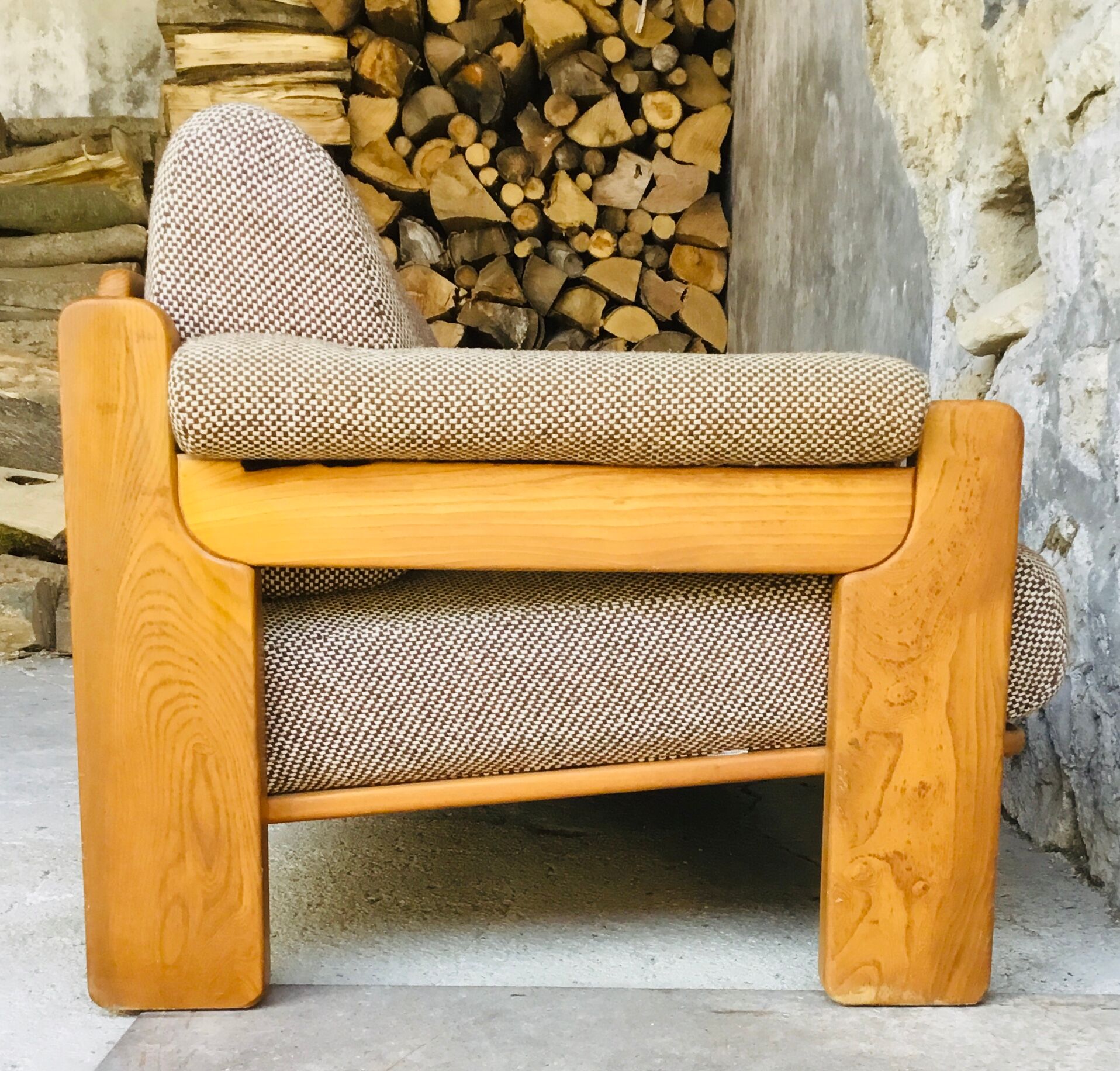 Scandinavian sofa 3-seater elm structure wool cushions chinée 1960