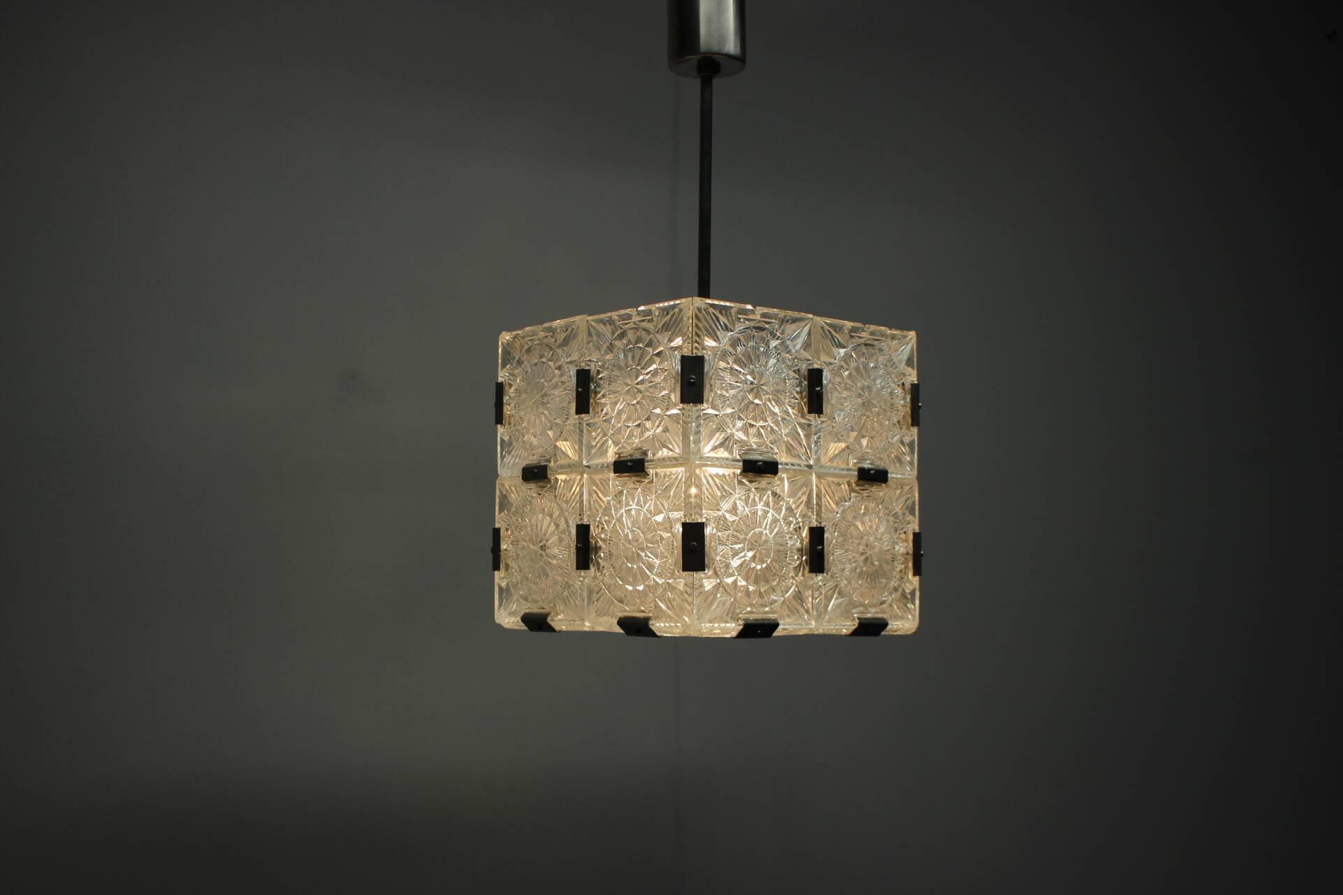 Mid-Century Square Clear Glass Pendant by K. Šenov, 1960s, Czechoslovakia