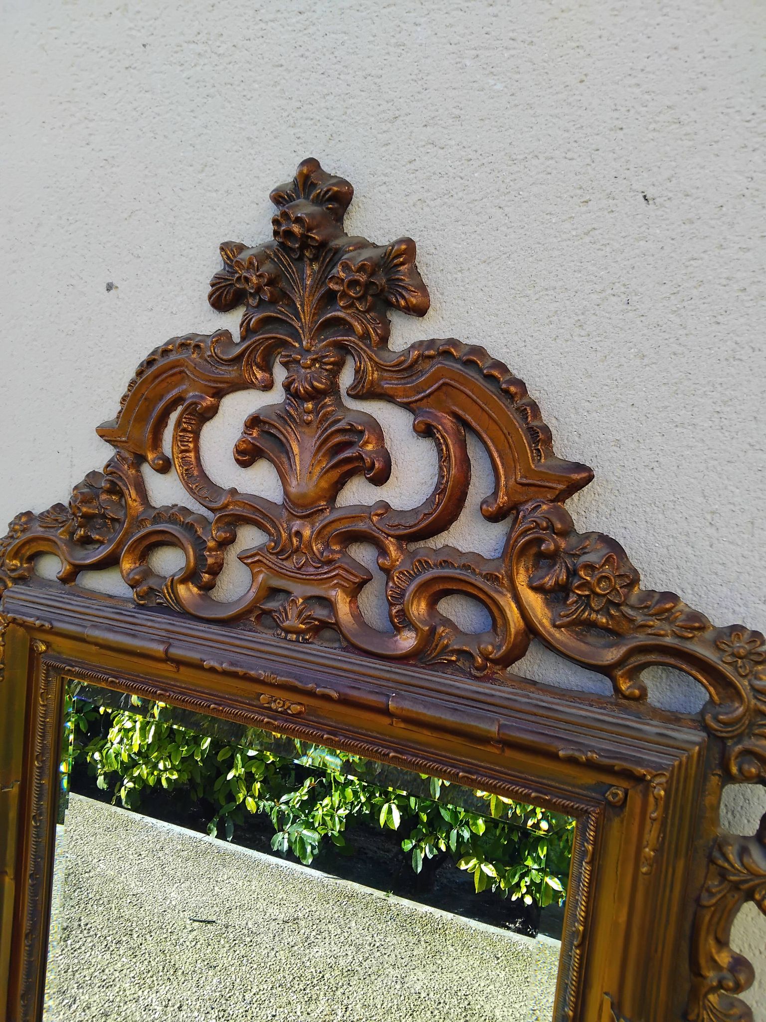 Old large Louis XV style mirror, stucco, wood, resin, beveled
