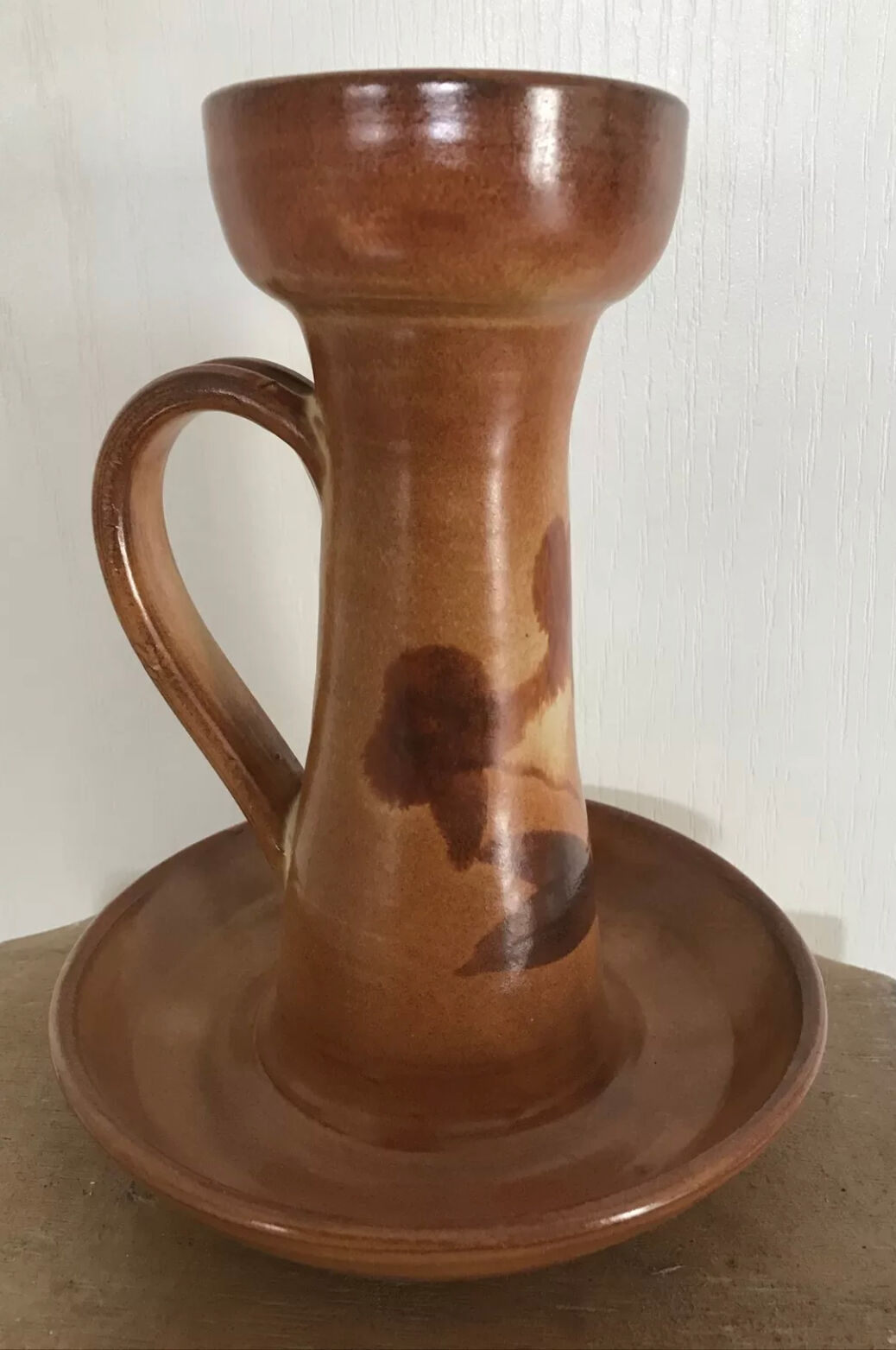 Vintage candle holder in glazed terracotta floral paint decoration