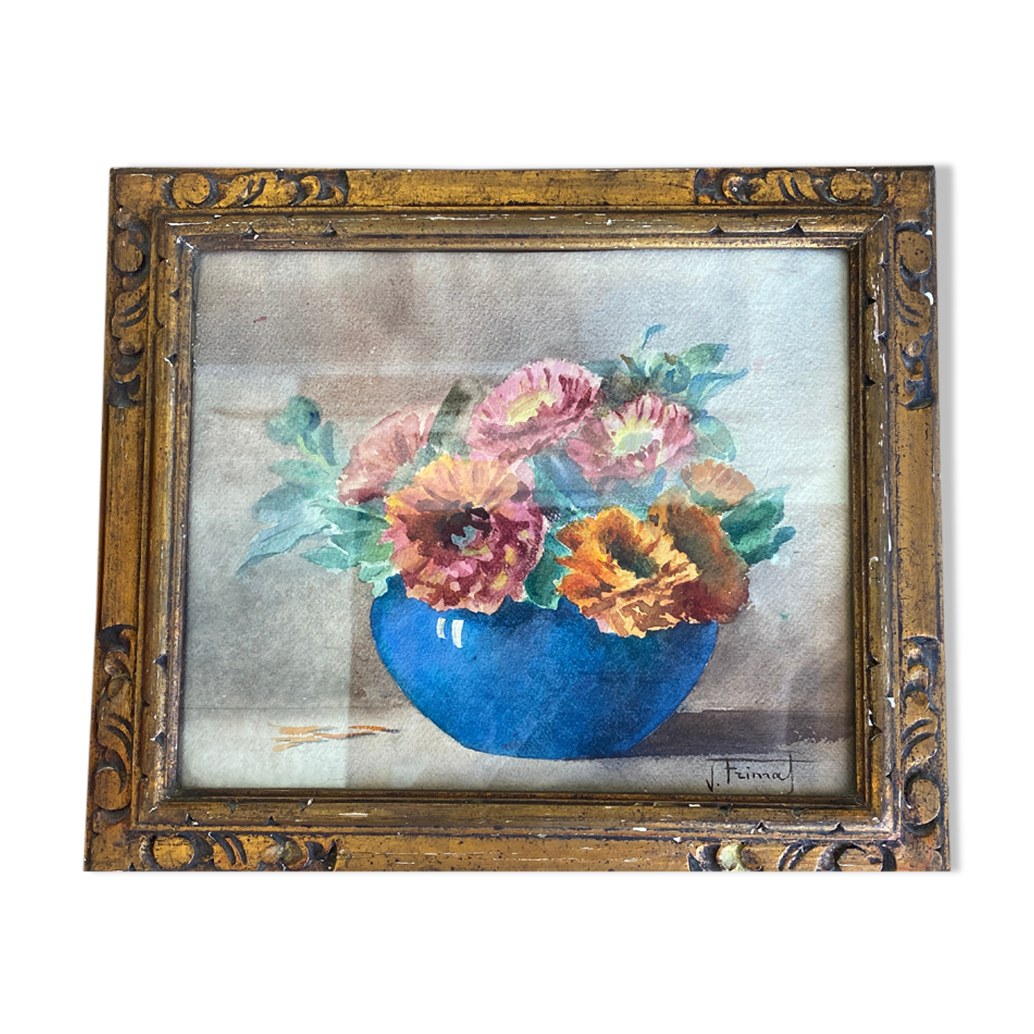 Aquarelle "bouquet de zinias" signée ancienne