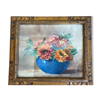 Aquarelle "bouquet de zinias" signée ancienne