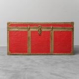 Vintage metal chest with red leather covering, 1950s