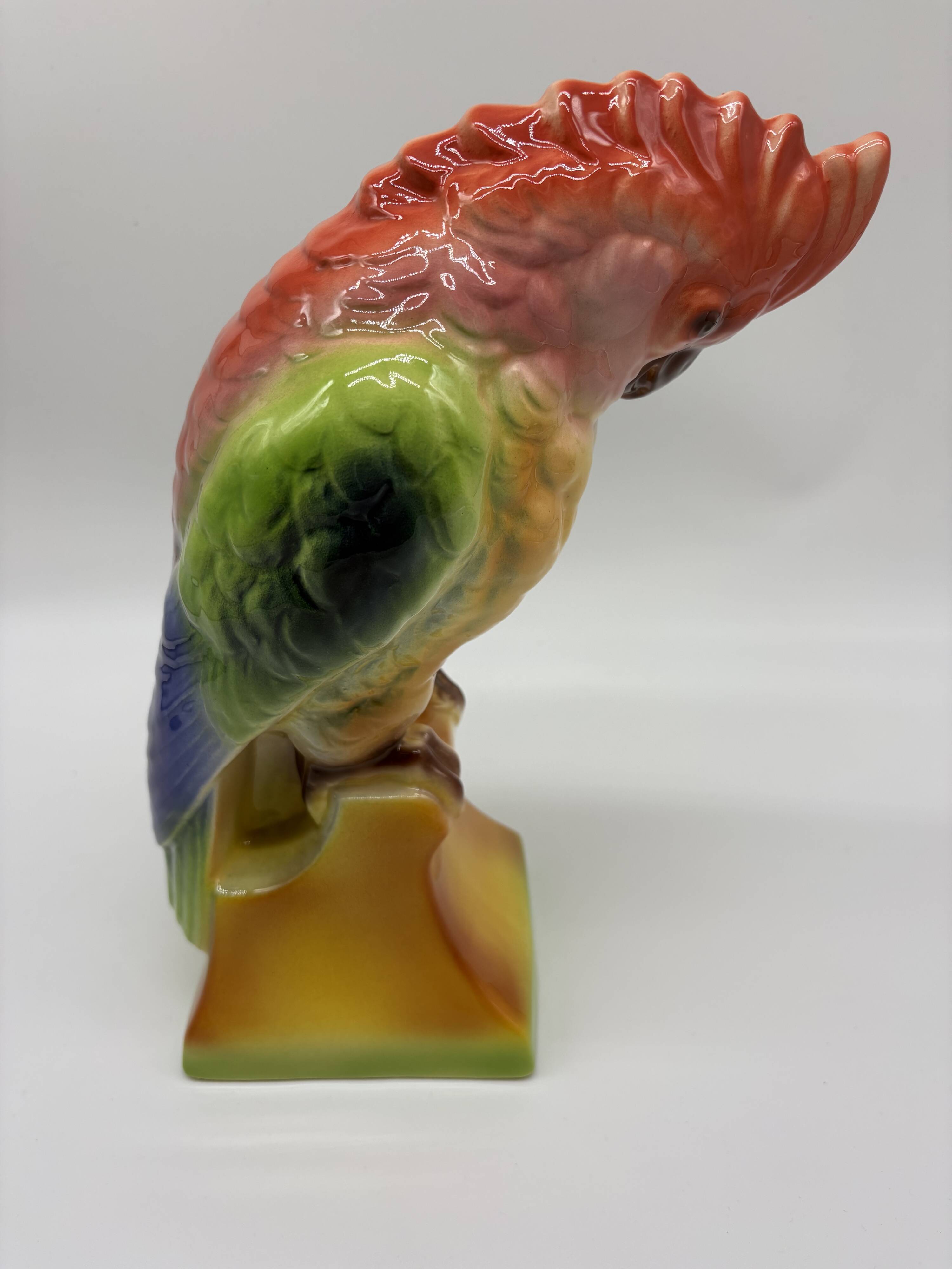 Large Cockatoo Saint-Clément France Hand-Painted Ceramic Tropical Bird