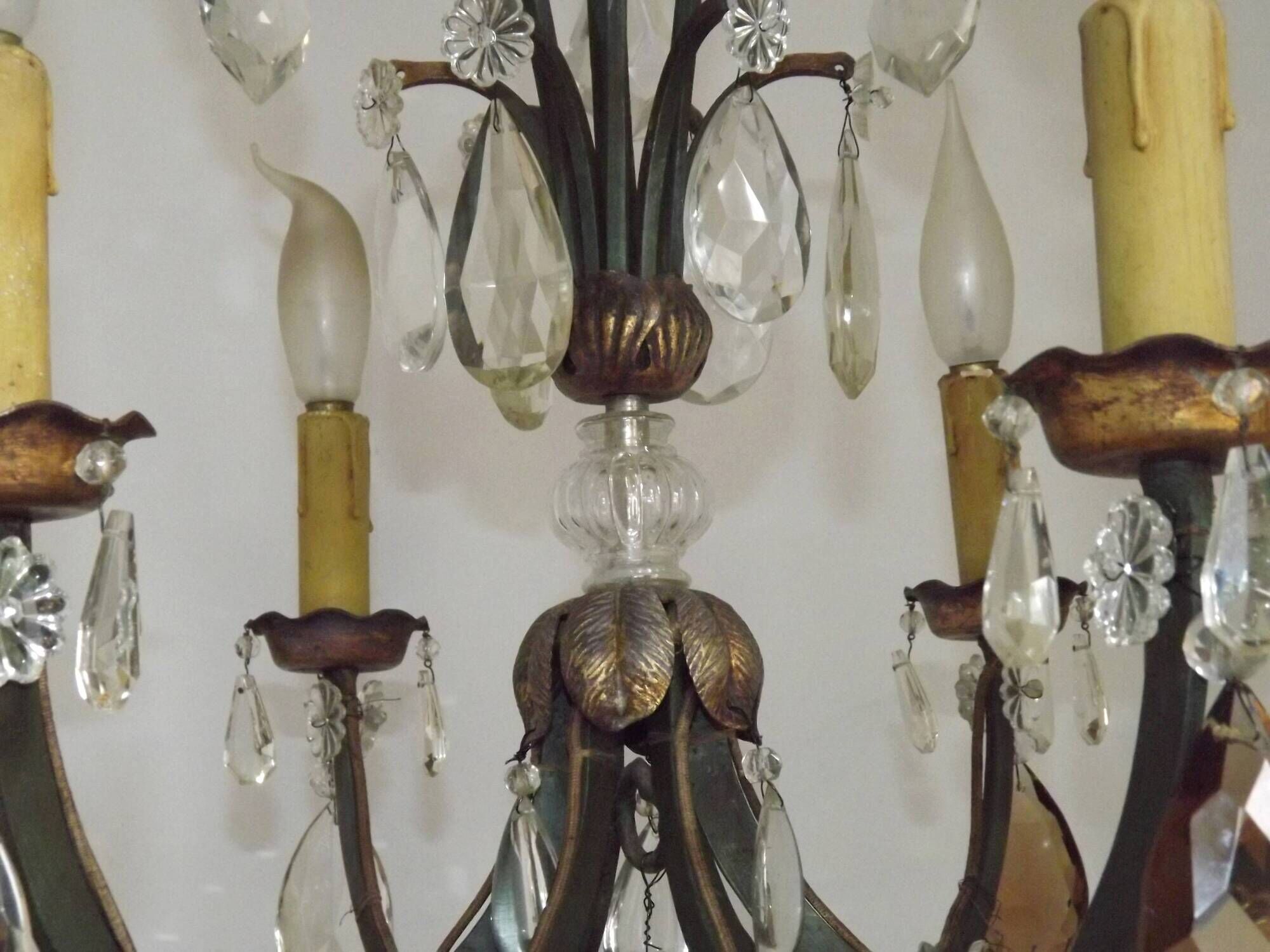 French Art Deco 6-Light Green Finish Bronze Crystal & Glass Chandelier 5343