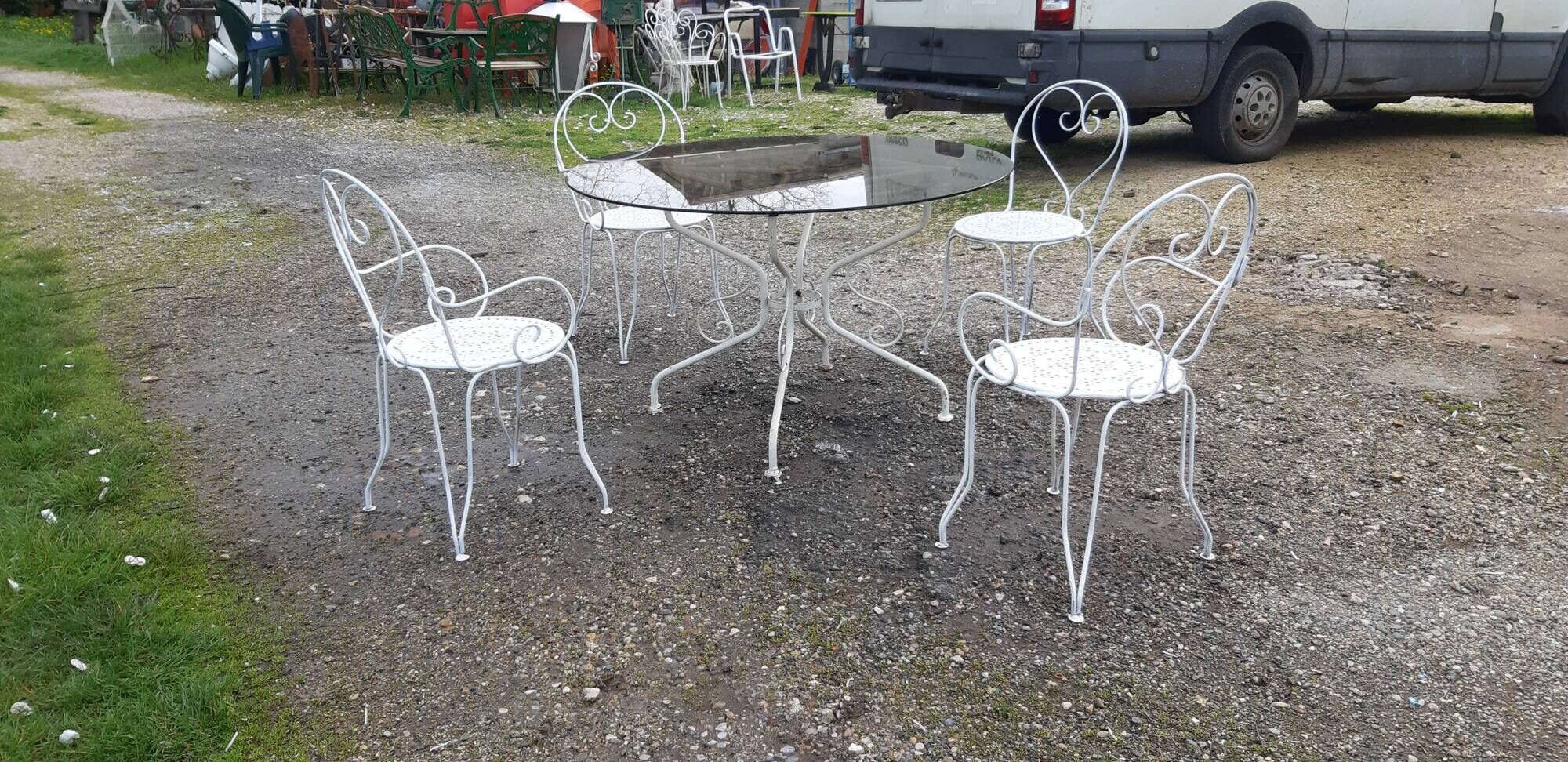Garden furniture wrought iron and smoked glass 1900