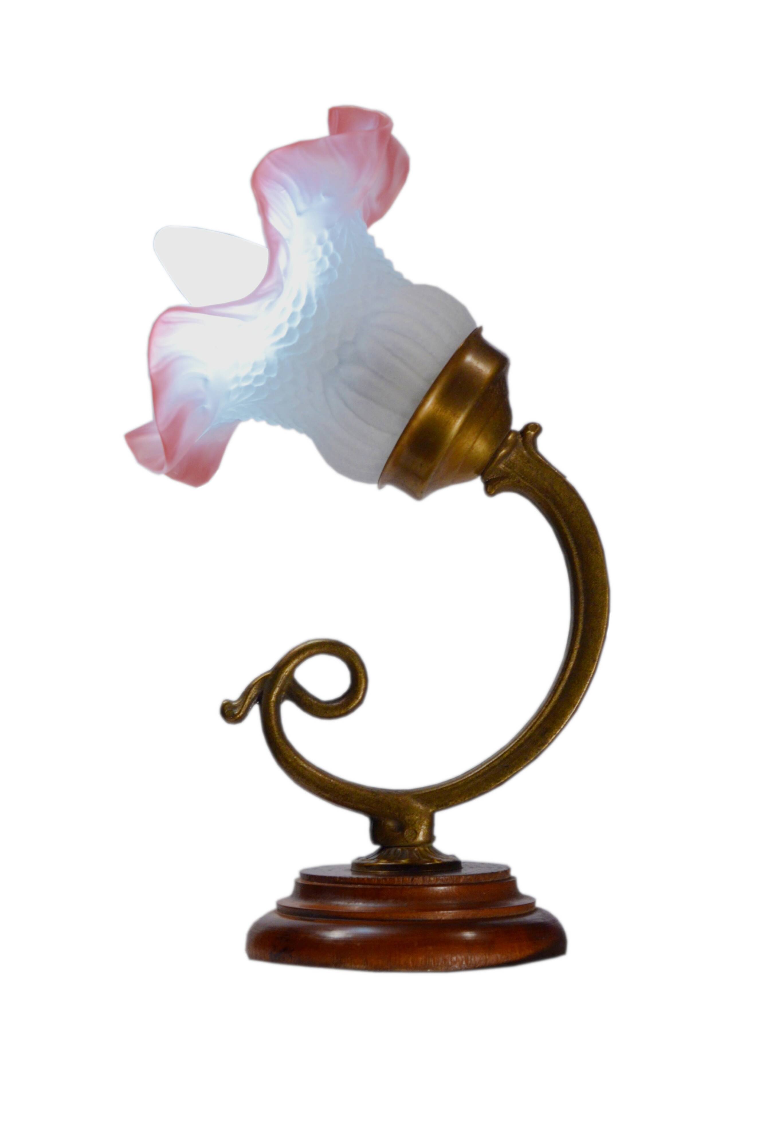 Set of 2 tulip-shaped wall lights in glass, wood, and bronze, art deco style.