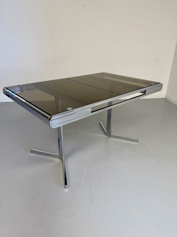 Table à manger en verre fumé et pied chromé par Roche Bobois, années 70