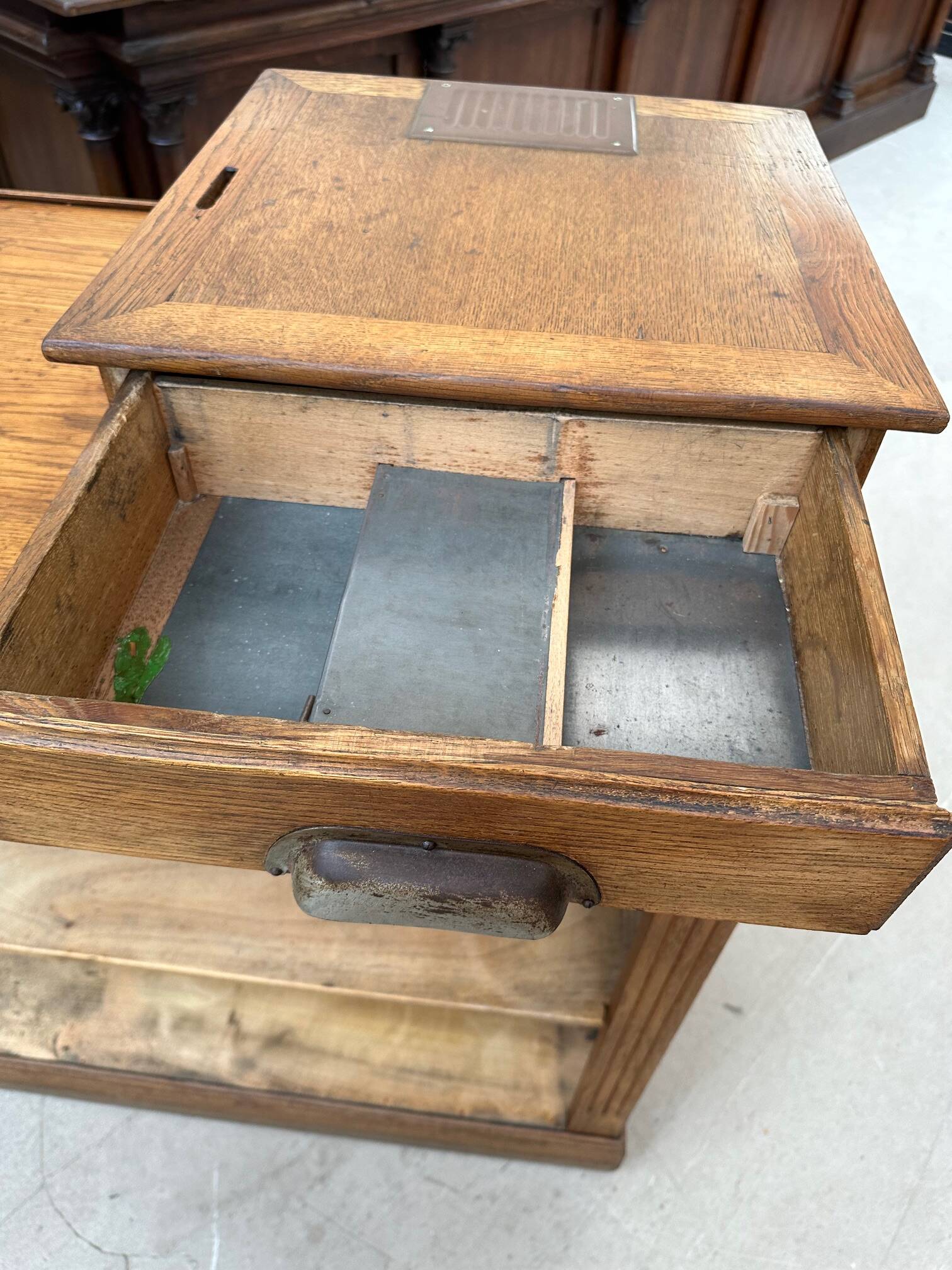 Oak cash register counter from the early 20th century