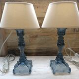 Paire de lampes en verre bleuté
