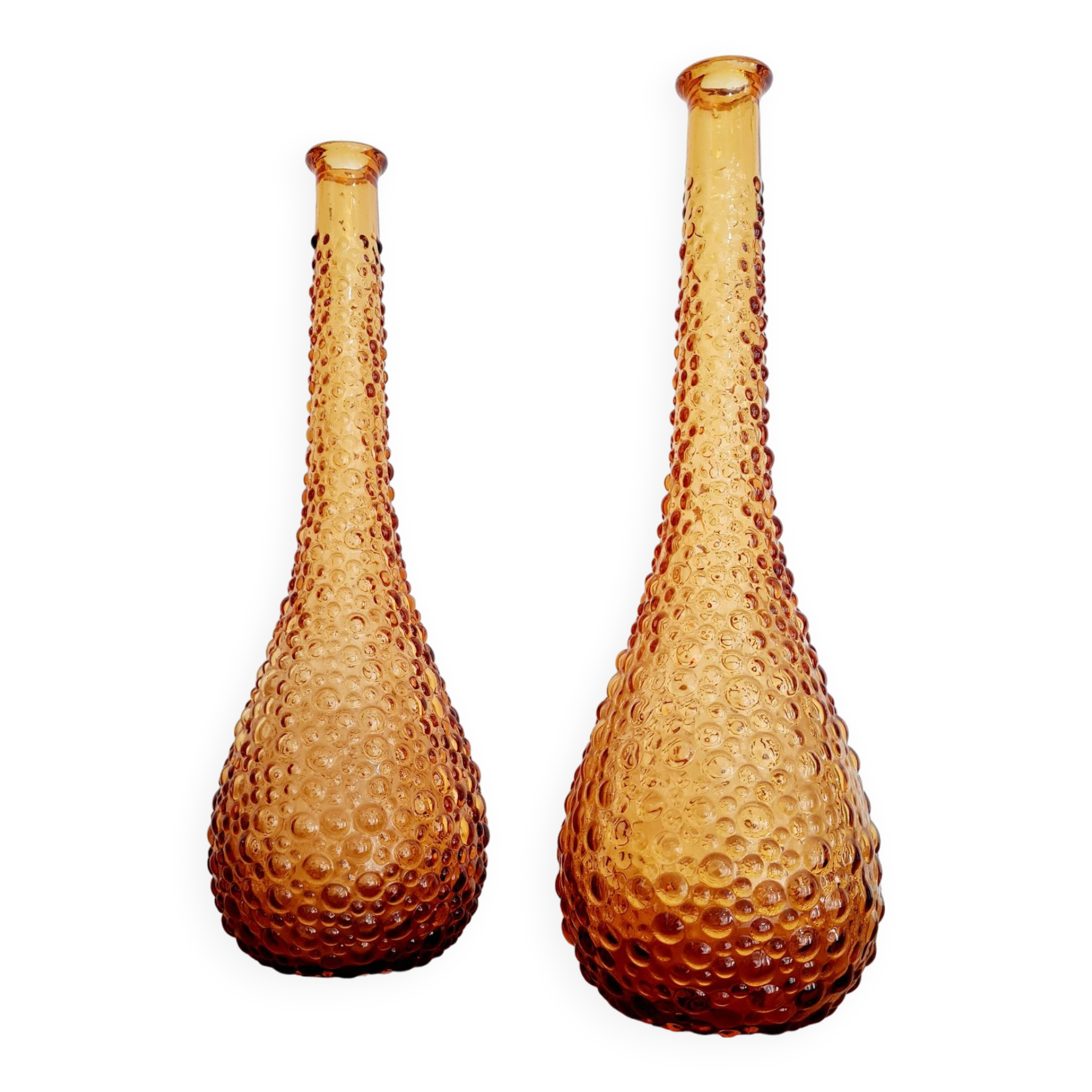 Pair of Italian Empoli vases in amber bubbled glass