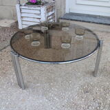 Round coffee table chrome and smoked glass 1970