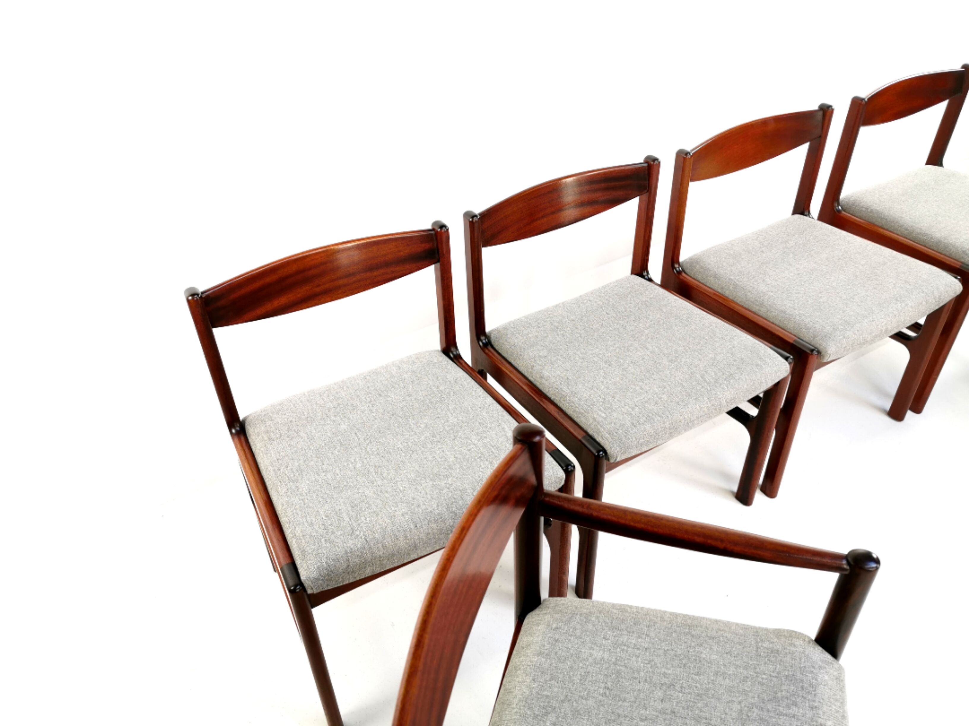 Set of 6 newly upholstered Mcintosh grey herringbone rosewood dining chairs