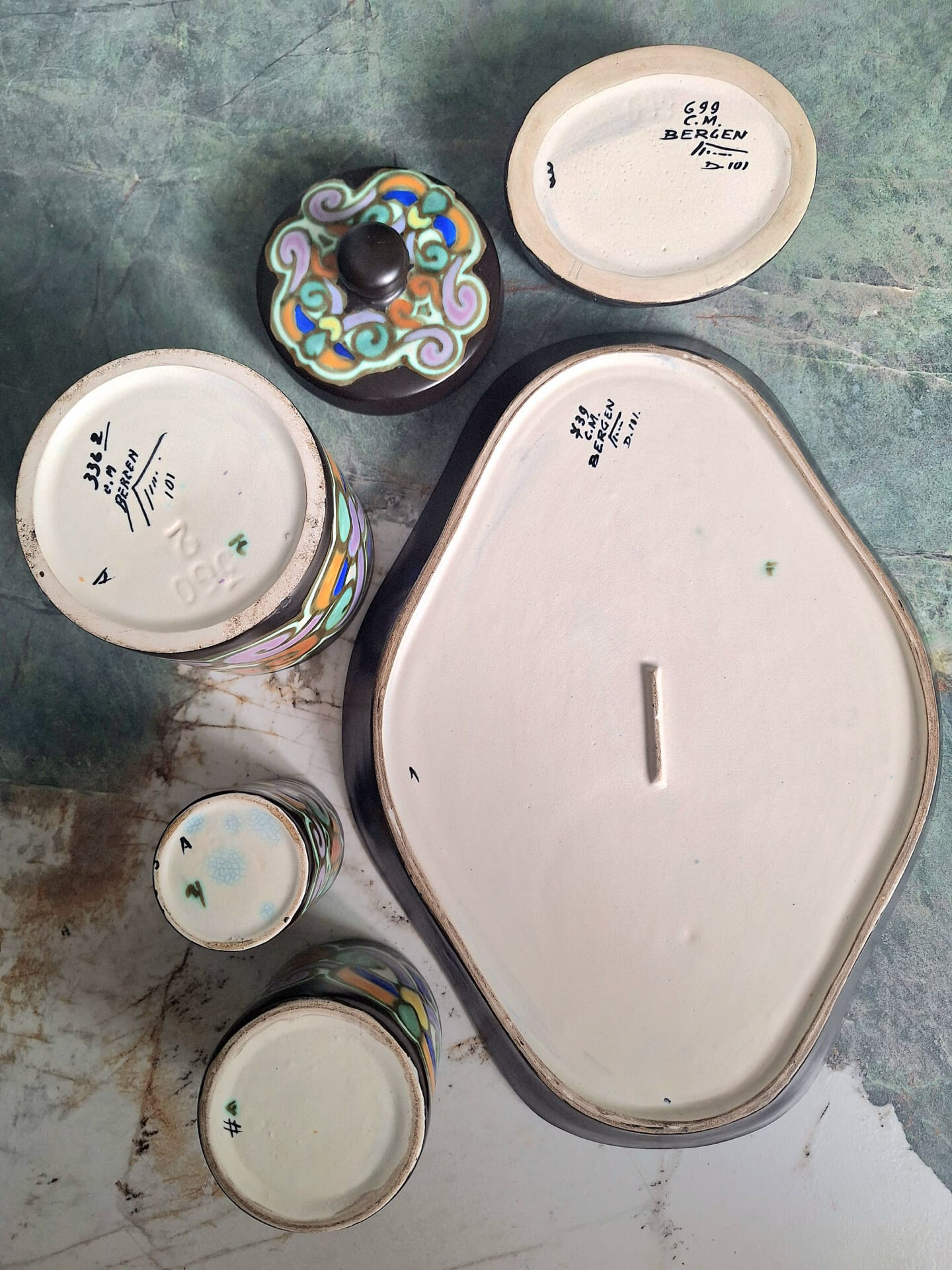 The Montoise Ceramics set of 5 art deco ceramic pieces.