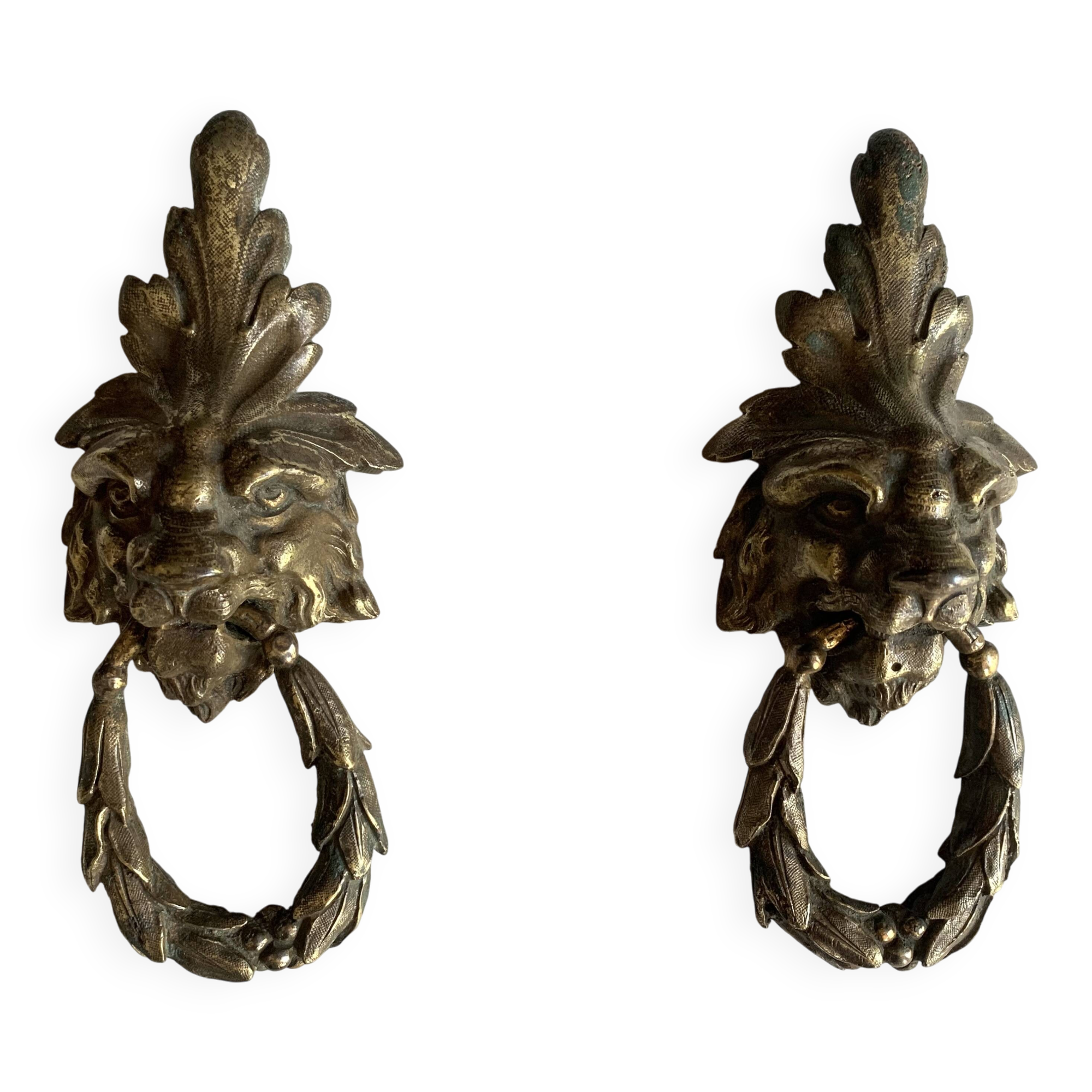 Pair of bronze door knockers - Empire lion head handles