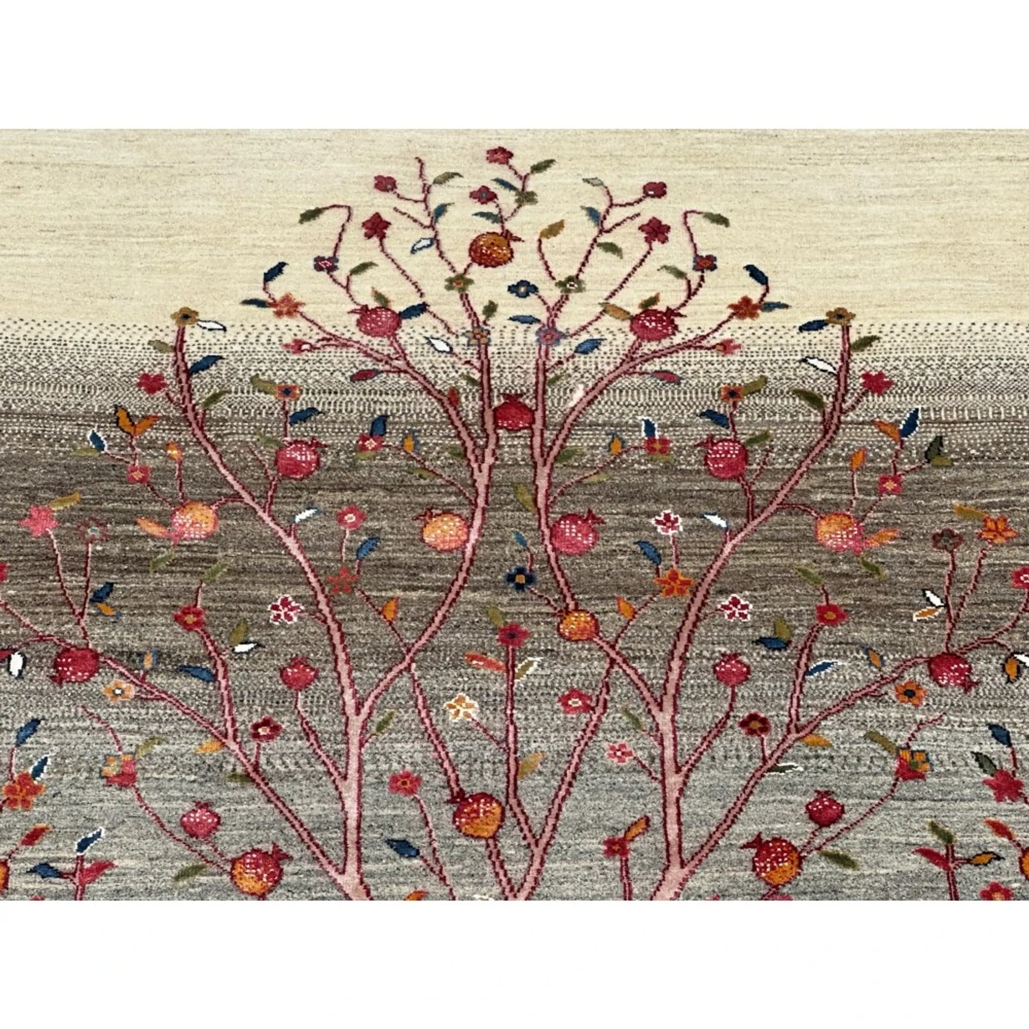 Hand-Knotted Wool Area Rug for Living Room, Tree Design Beige and Brown Carpet