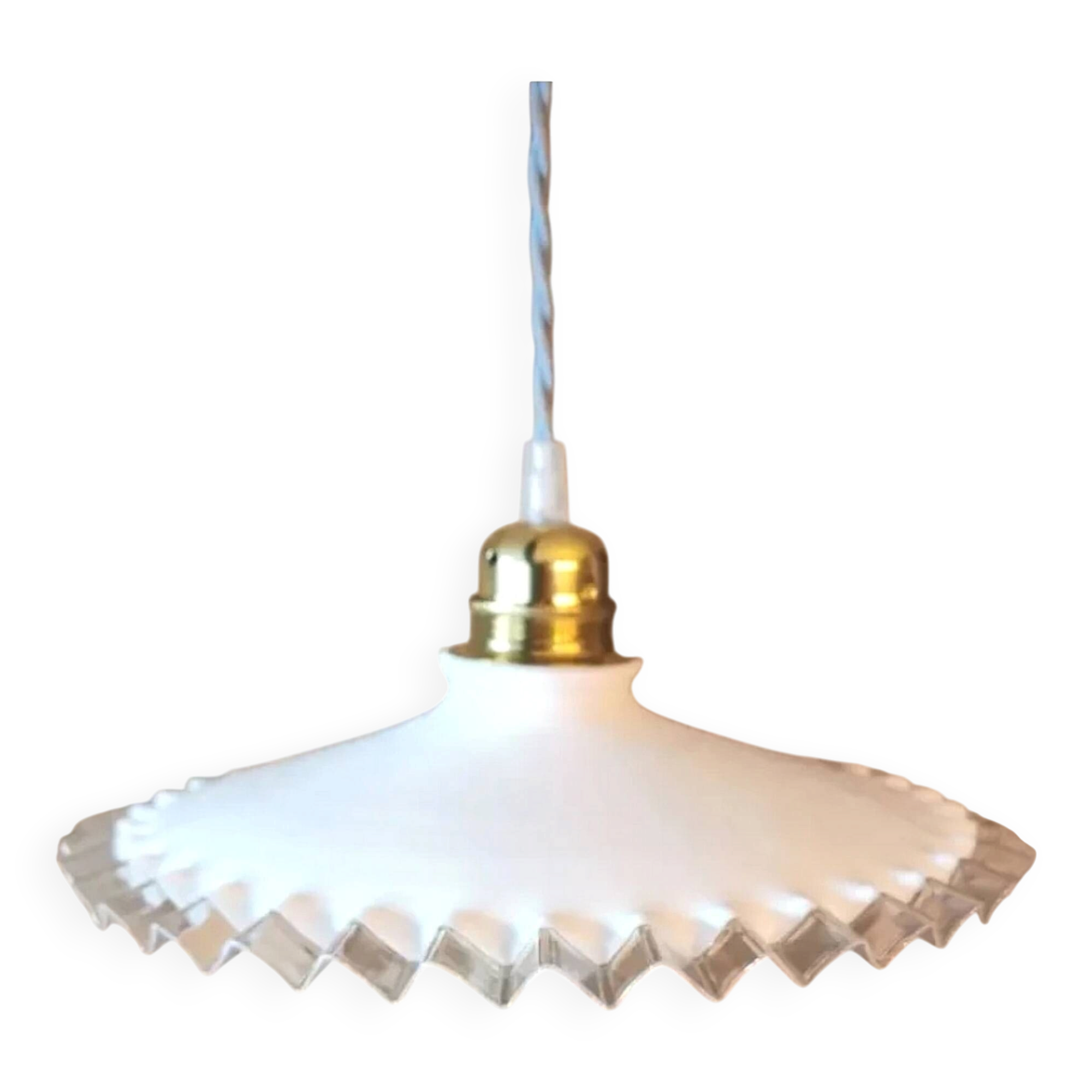Vintage suspension in white lace opaline, sky blue cable.
