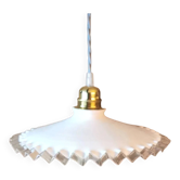 Vintage suspension in white lace opaline, sky blue cable.