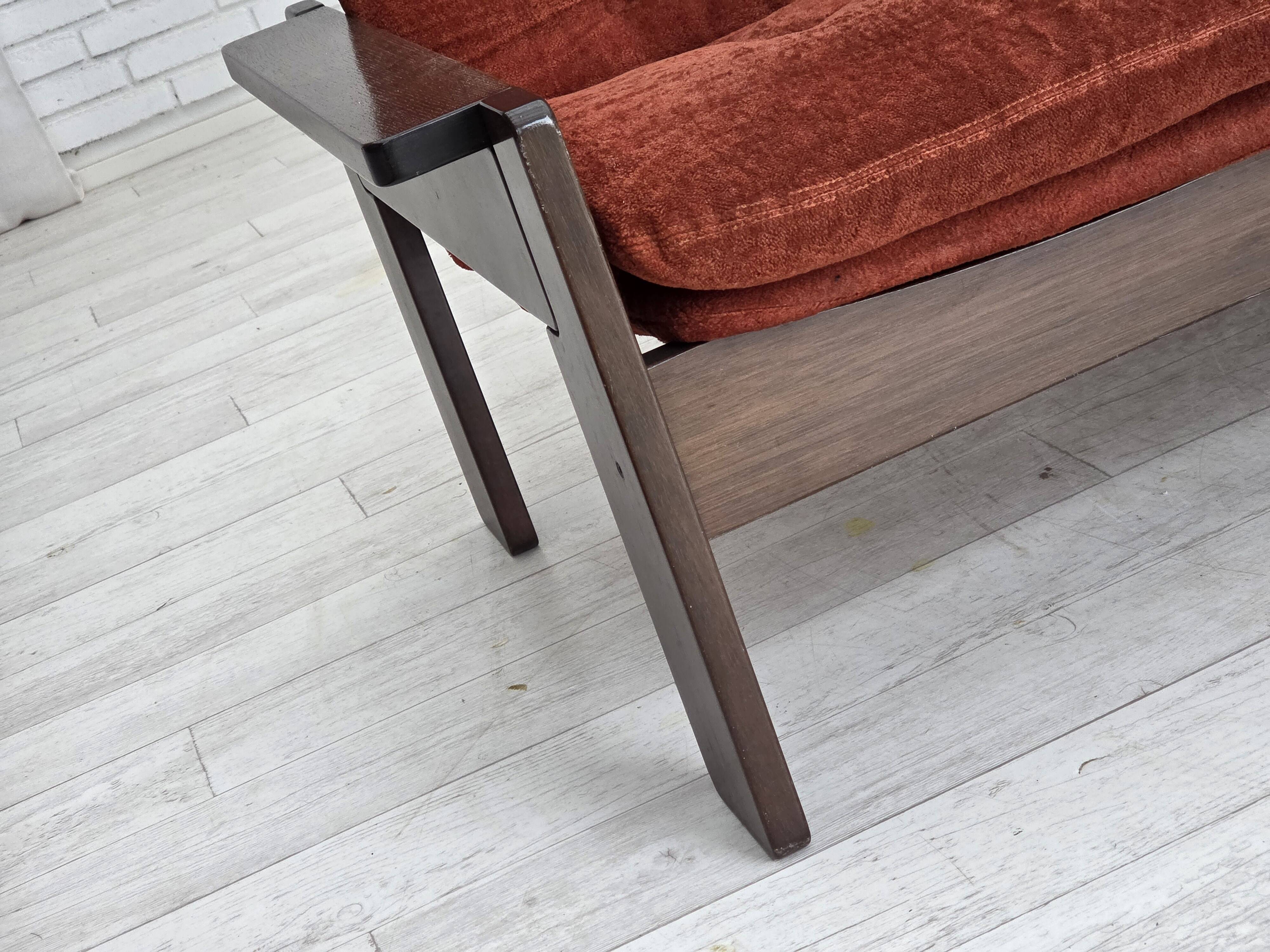 1970s, 3-seater Danish sofa, orange/red furniture velour, oak wood.