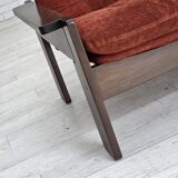 1970s, 3-seater Danish sofa, orange/red furniture velour, oak wood.