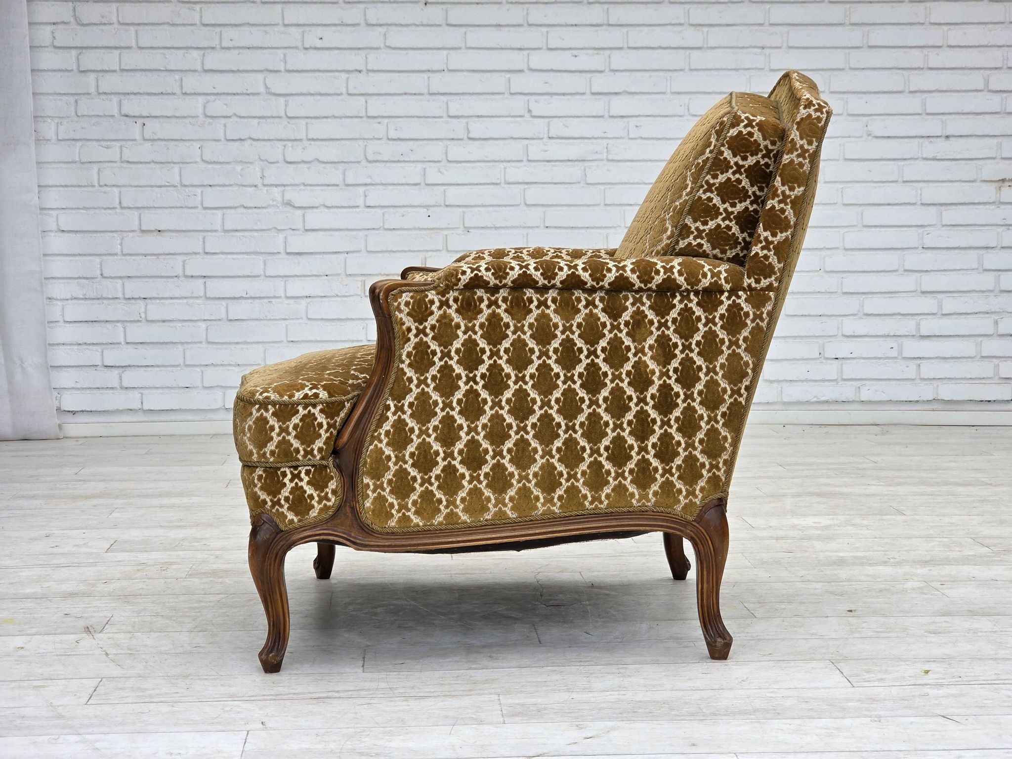 1950s, Danish relax chair, furniture velour, carved ash wood.