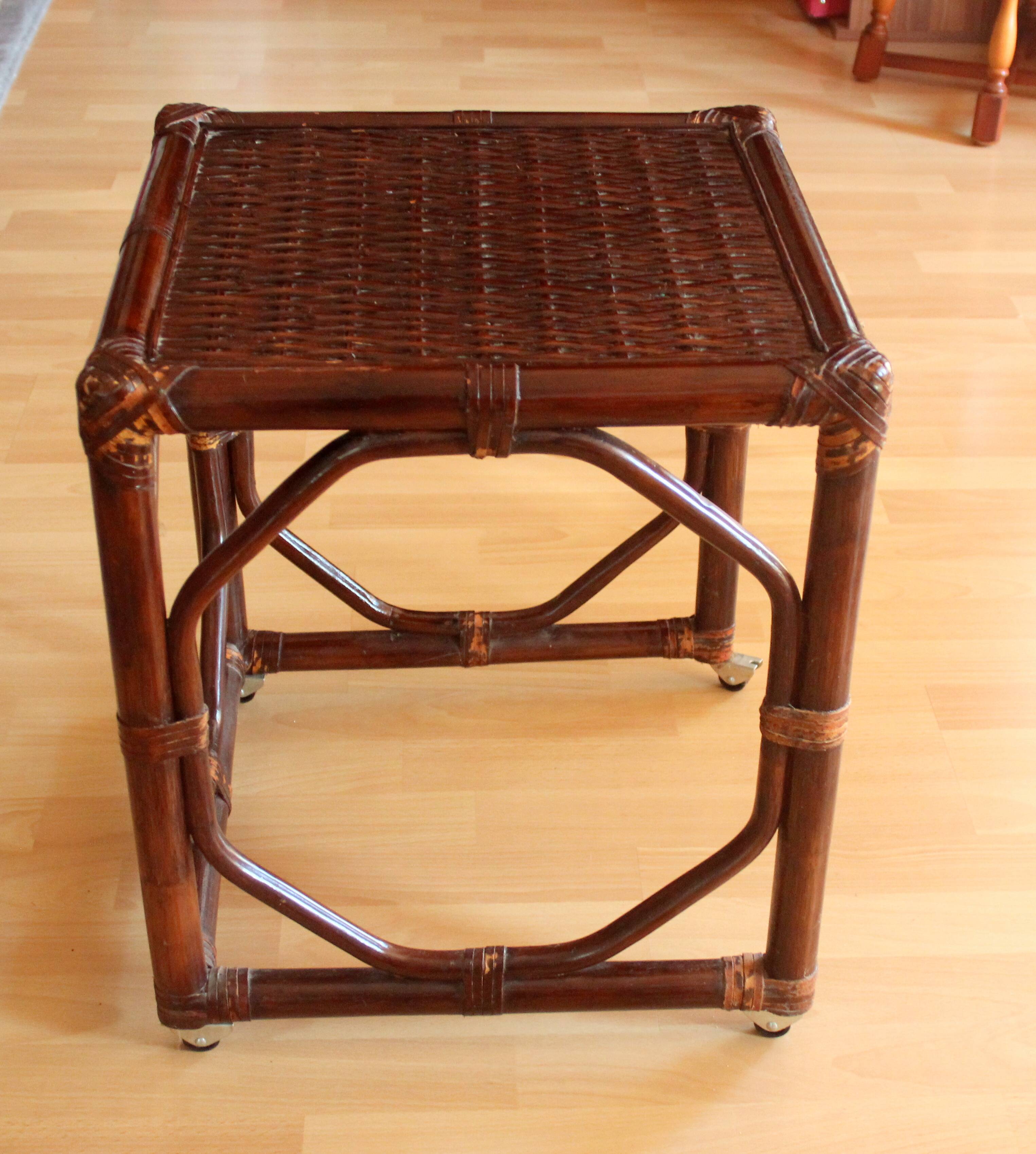 Small side table on rolls made of rattan, bamboo and wood, handmade Vintage