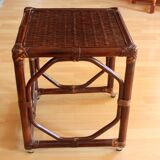 Small side table on rolls made of rattan, bamboo and wood, handmade Vintage