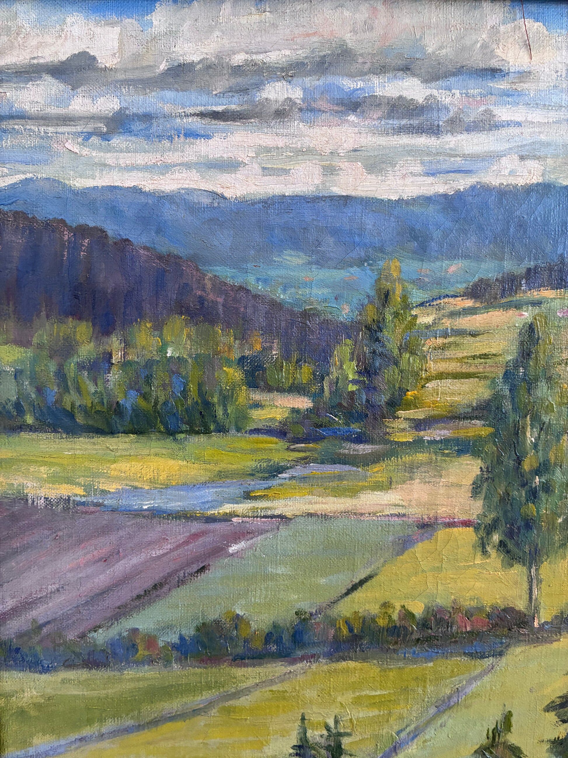 Peinture à l'huile vintage originale de paysage, art de la campagne