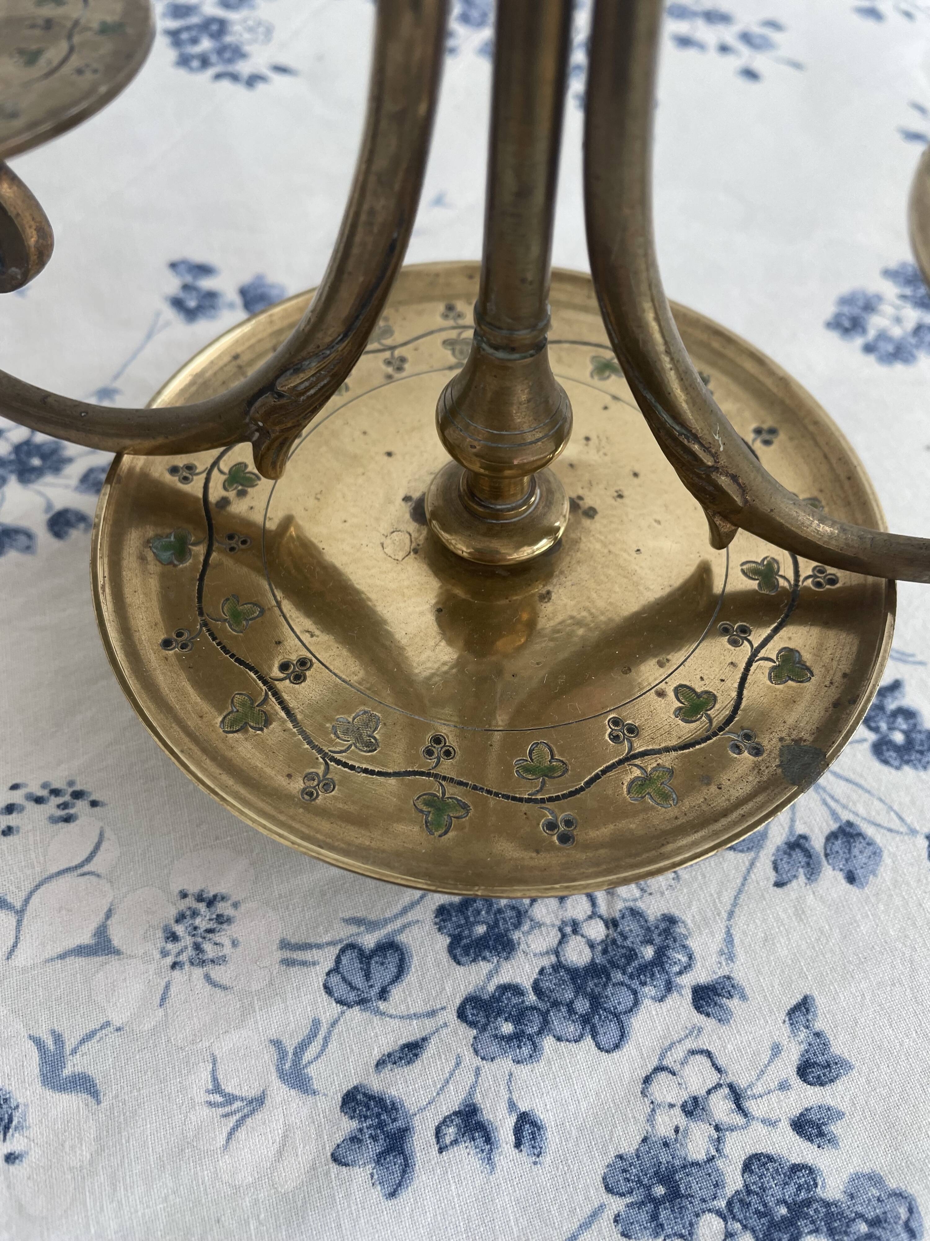 Pair of candlesticks, gilded and enamelled brass, Art Nouveau, early 20th century
