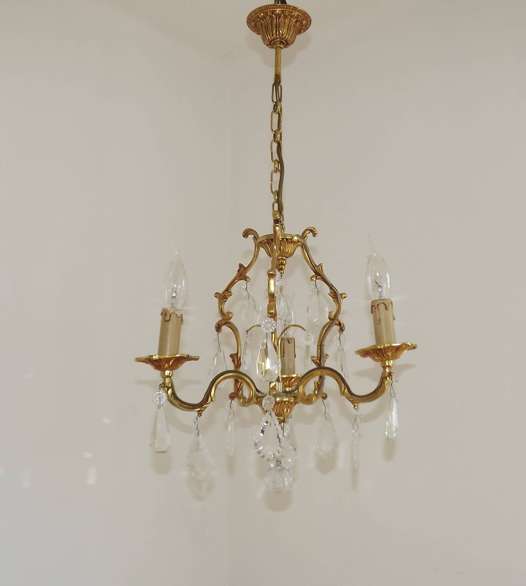 French Vintage Brass Mid Century 3 Light 3 Sided Crystal Cage Chandelier