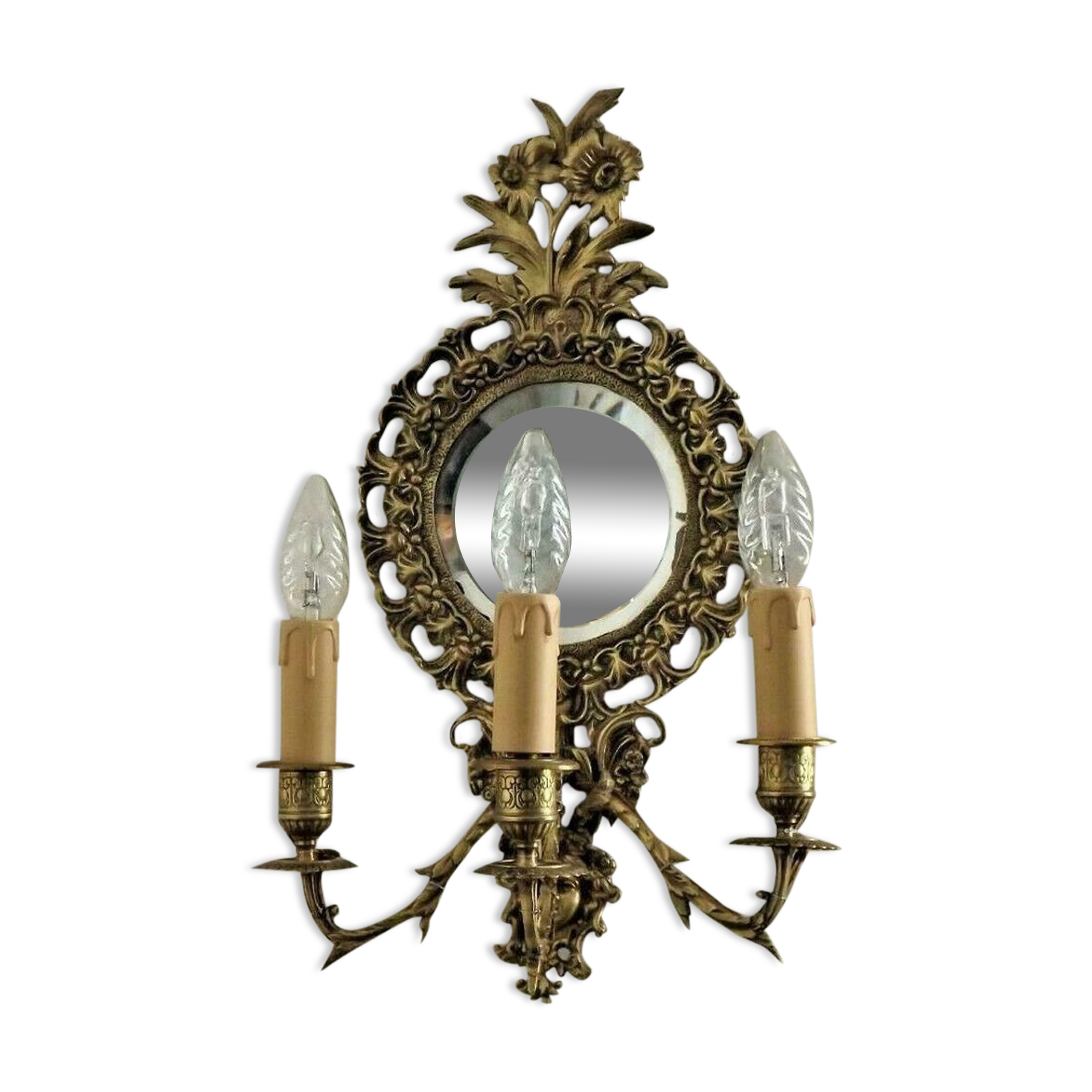 french antique Louis XlV bronze beveled mirror with 3 lights