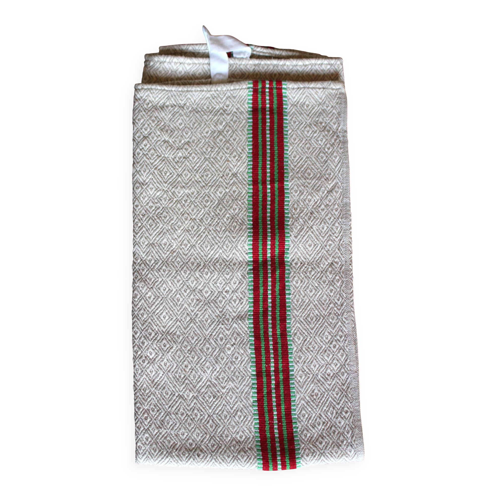 Old chevron towel with red and green stripes.
