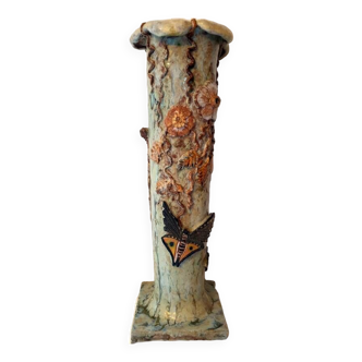 roller vase - Enameled terracotta - Decorated with butterflies - Art Nouveau style