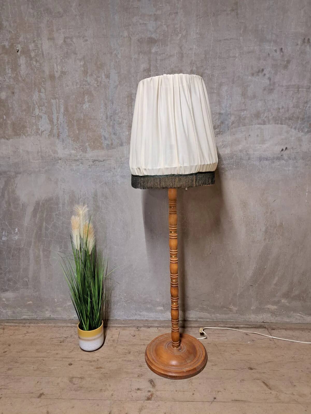 Vintage Wooden Floor Lamp with Pleated Shade, 1970s