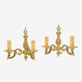 Pair of sconces in gilded bronze double candles